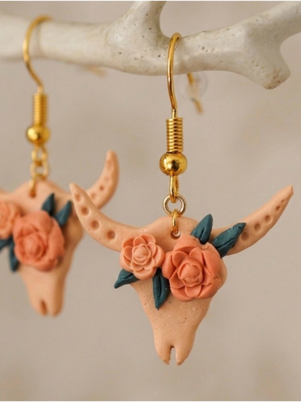 Handmade Tan Boho Floral Bull Skull Clay Earrings Western Desert Chic